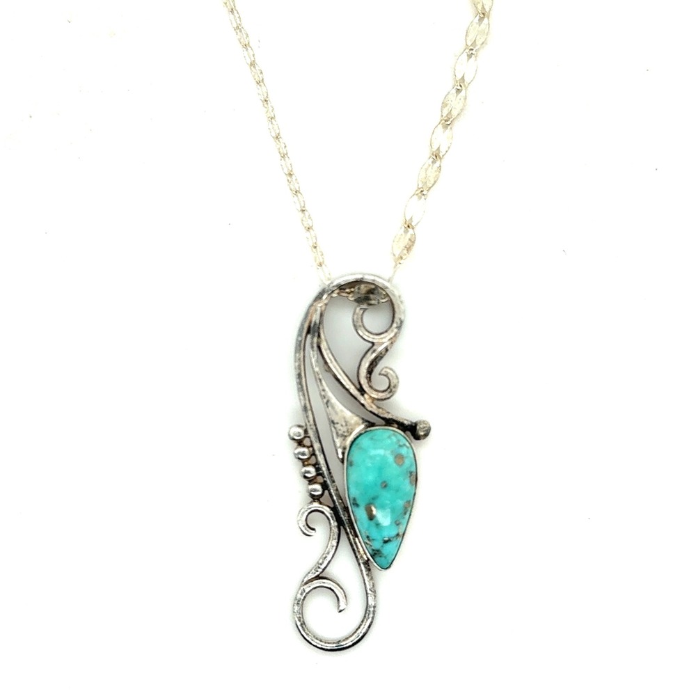 Sterling Silver 925 Turquoise Scroll‎ Pendant Necklace 30 Inch Chain 12.6g